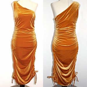 House of Harlow 1960 velvet orange Slinky Ruched One Shoulder  Midi Dress